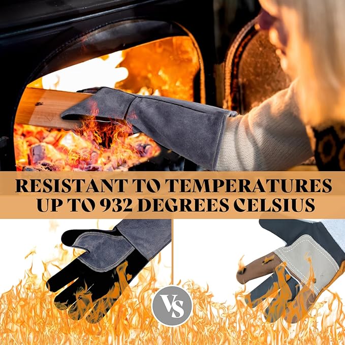 16" Leather Forge Welding Gloves, 932℉ Heat/Fire Resistant, Multi-Use Mitts for TIG/MIG Welding, BBQ, Oven, Baking, Furnace, Beekeeping, Animal Handling & Stove Safety，Ambidextrous