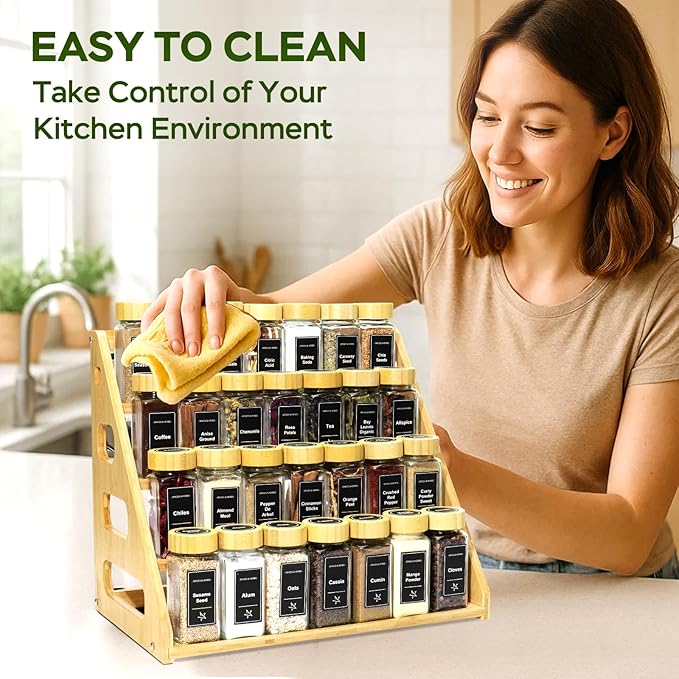 4 Tier Bamboo Spice Rack Organizer with 28 Spice Jars, 780 Labels, Wood Shelf, Chalk Marker and Funnel Set for Cabinet Kitchen Countertop, Empty 4 oz Glass Jars