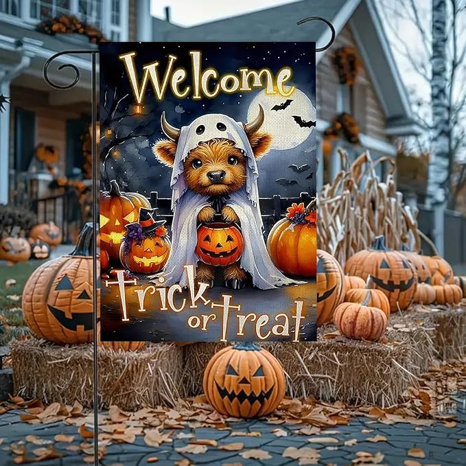 Halloween Garden Flag for Outside 12x18 Inch Double Sided, Cow Pumpkin Small Yard Flags for Outside, Outdoor Welcome Flag Front Porch Decorations for Home