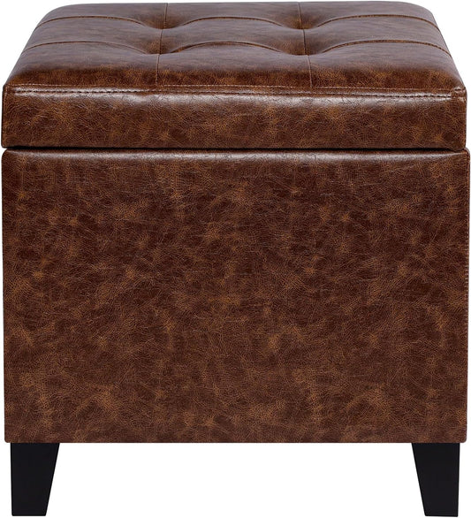 Adeco 18" Storage Ottoman Foot Rest Stool, Walnut Leather Ottoman with Black Solid Wood Legs and Hinged Lid, Small Foot Stool for Living Room, Bedroom