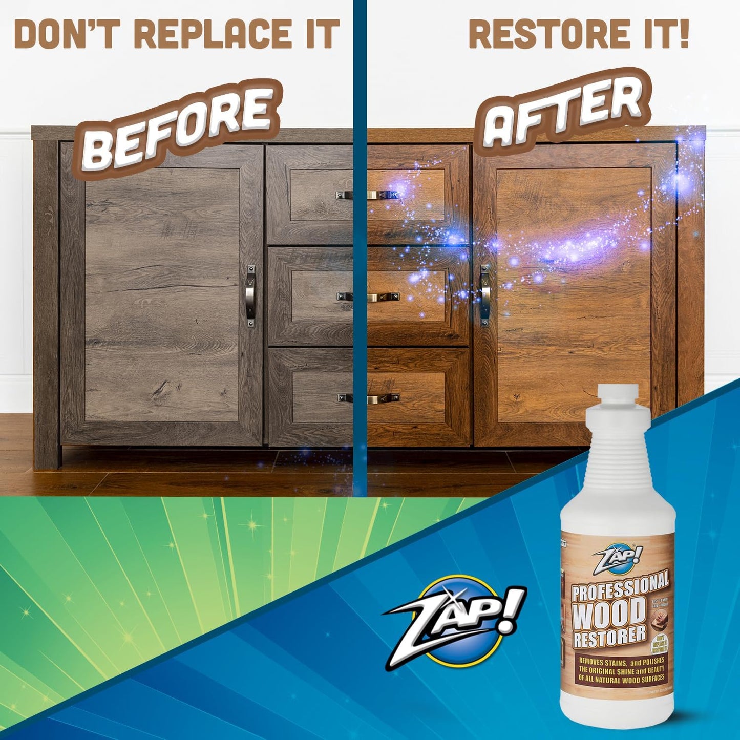 ZAP! Professional Wood Cleaner and Restorer | Clean, Polish, & Restore Wooden Furniture & Hardwood Floors | Kitchen Cabinet & Table | Deep Wood Cleaner for Heavy Duty Cleaning | 32 oz