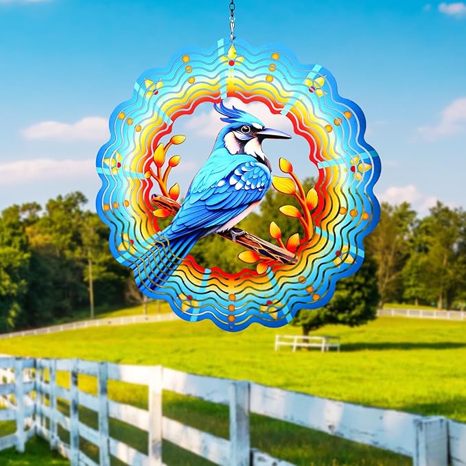 Blue Jay Wind Spinners Outdoor Blue Bird Decor - Birthday Gifts for Women Men,Bird Hanging Wind Spinner 12 inch 3D Wind Sculptures for Garden Patio,Yard, Porch, Deck Decorations