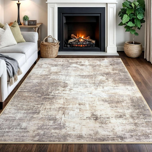 IOHOUZE Abstract Area Rugs 5x7 Ft Washable Rugs for Living Room, Non Slip Dining Room Rug, Printed Faux Wool Rugs for Bedroom, Floor Carpet for Office Nursery Playroom, Beige Brown