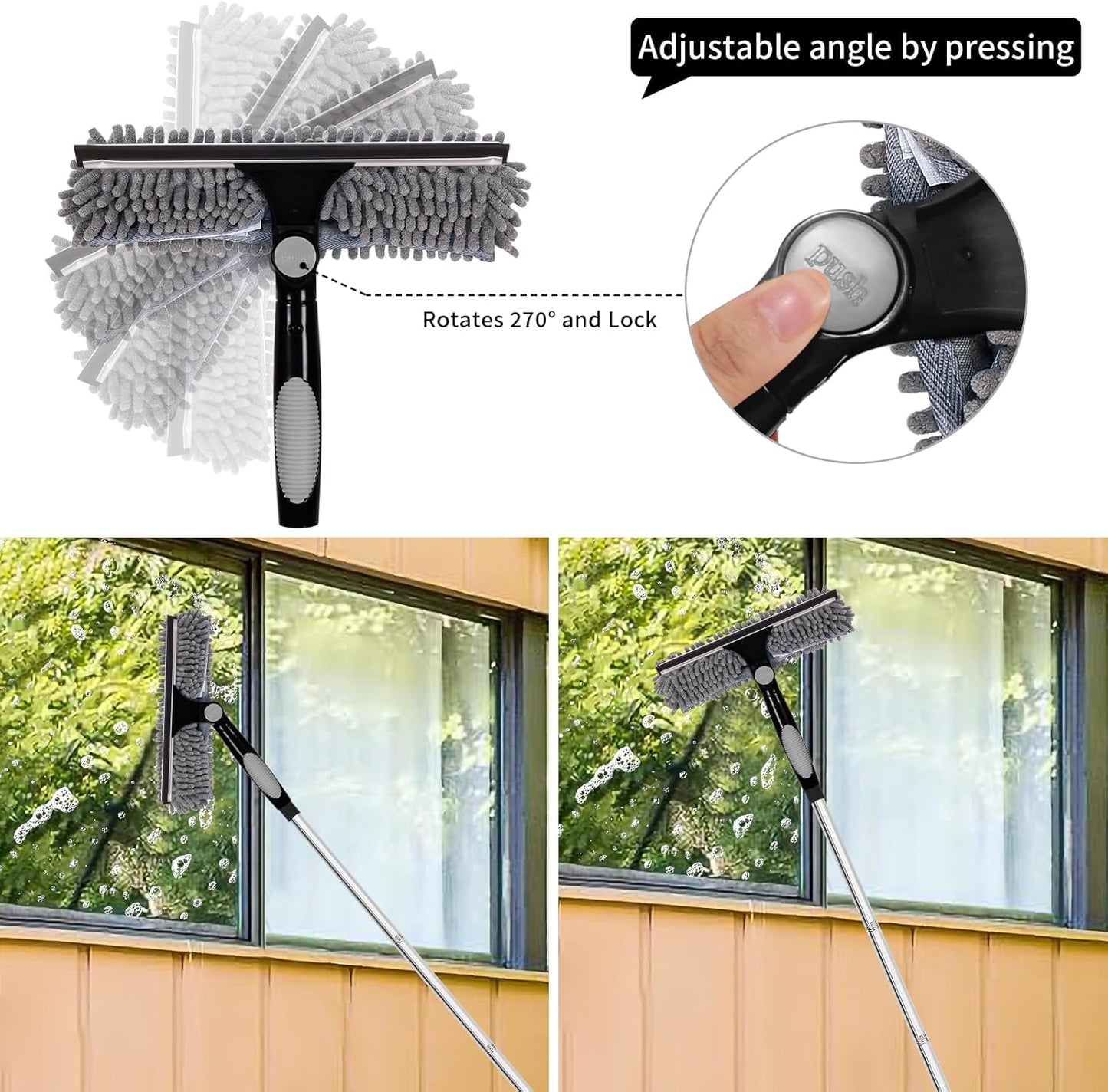 Professional 72'' Window Squeegee Cleaning Washing Tool/Kit with Extension Pole, 3 in 1 Squeegee for Window Cleaning Kit for High Window with 1 Rotatable Head 4 Interchangeable Scrubber