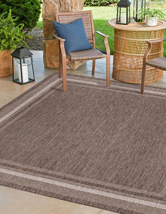 Unique Loom Outdoor Border Collection Area Rug - Soft Border (10' Square Brown/Ivory)