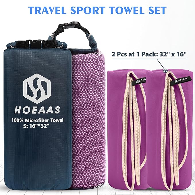 HOEAAS 2 Pack Microfiber Camping Towels, Quick Dry Towel, Super Absorbent Ultra Compact Travel Towel Soft Lightweight Sports Towel for Sweat Fast Drying Towels for Pool,Gym,Hiking,Backpacking,Fitness