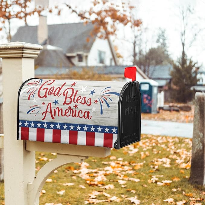 God Bless America Magnetic Mailbox Cover Happy 4th of July Independence Day Post Letter Box Wrap Standard Size 21’’x18’’ Happy Holiday Postbox Covers for Home Outdoor Garden Yard