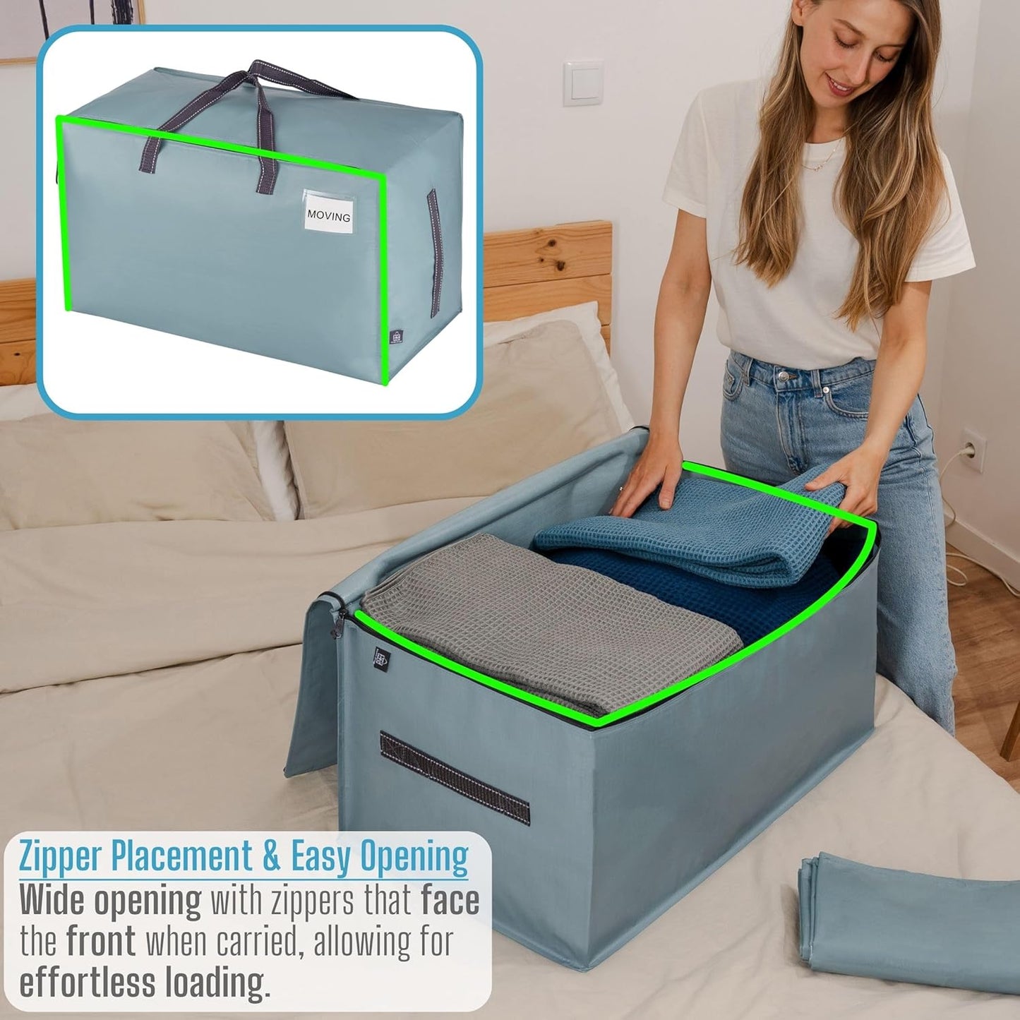 VENO 4 Pack Moving and Storage Bags, Heavy Duty, Alternative to Moving Boxes, Large Packing Totes Supplies for College Dorm Room with Zipper for Clothes, Wide Open Design (Light Blue Matte, 4 Pack)