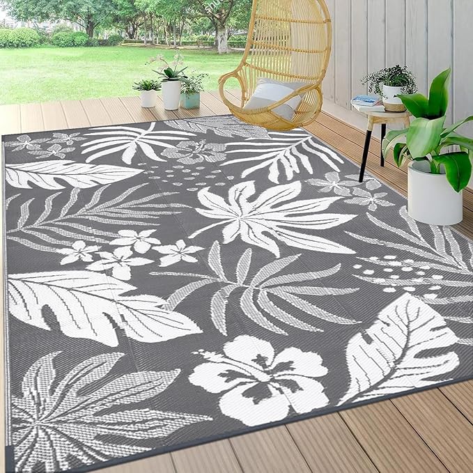 Pauwer Waterproof Outdoor Rug 6x9, Reversible Plastic Straw Patio Camping Rug, Indoor Outdoor RV Mat Carpet for Deck, Camper, Porch, Balcony, Backyard, Picnic, Floral Grey
