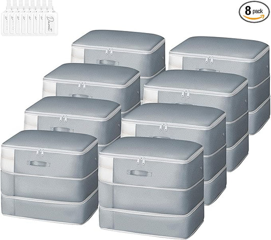 Comforter Storage Bag - Large Capacity Blanket Storage Bags 3-Layer Ultra Space Saving Self Compression Organizer, Washable Compression Bags for Storage Comforter Blanket, 8-Pack, Grey