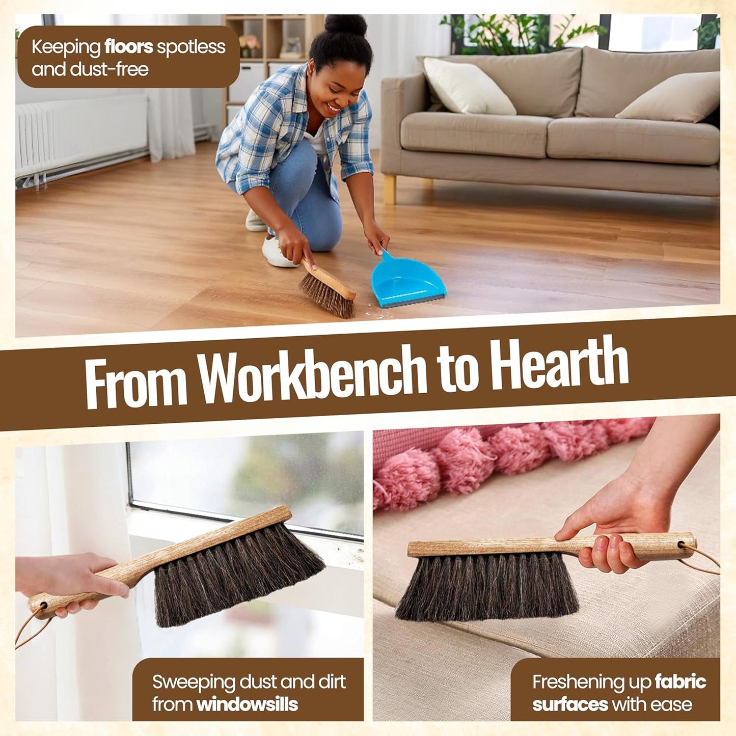 Dustpan Bench Woodworking Brush-USA 13 inch Horsehair Brushes are Used for Counter, Furniture, Drafting, Patio, Fireplace Cleaning, Shop Brush, Leather Tie, Woodworking Tool & Accessories