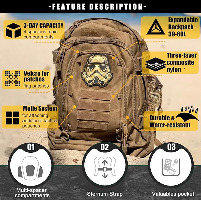 Tactical Backpack Military Army Daypack - Assault Pack for Men Molle Backpacks Bug Out Bag 3 Day Pack for Hiking Camping Travel Hunting Rucksack Trekking Coyote
