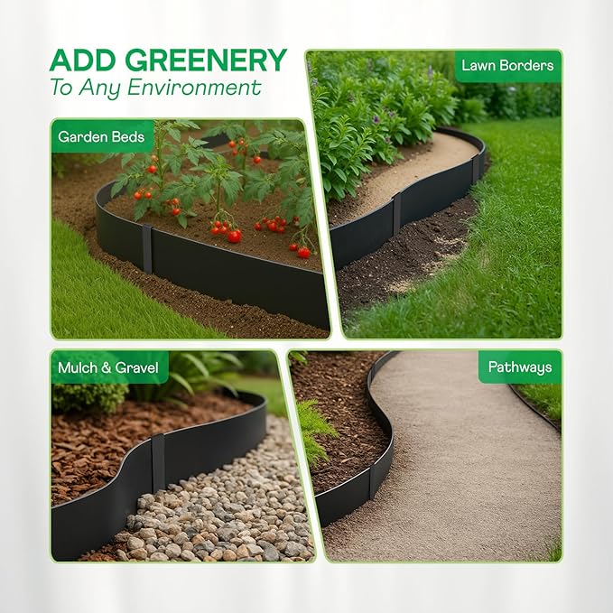 IDZO Black Metal Landscape Edging 8" H, Weather-Resistant Steel Garden Border, Flexible Lawn Barrier, Easy Installation for Flower Beds, Paths, Driveways, and Outdoor Spaces - 6 Pieces