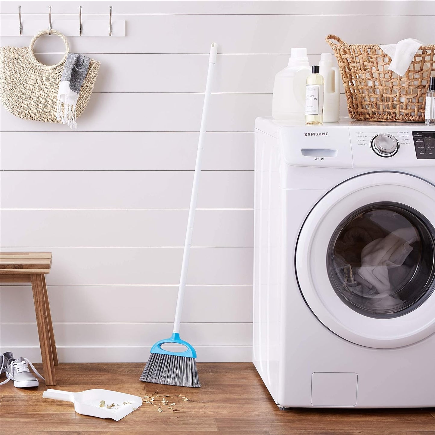 Amazon Basics Dustpan Broom Set with Easy Assembly and Long Handle, Blue and White