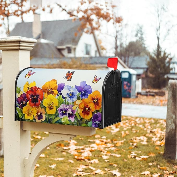 Watercolor Floral Mailbox Covers Magnetic Standard Size 21’’x18’’ Spring Summer Flowers Butterfly Letter Box Wrap Colorful Flower Seasonal Waterproof Post Letter Box Cover for Outdoor Garden Yard