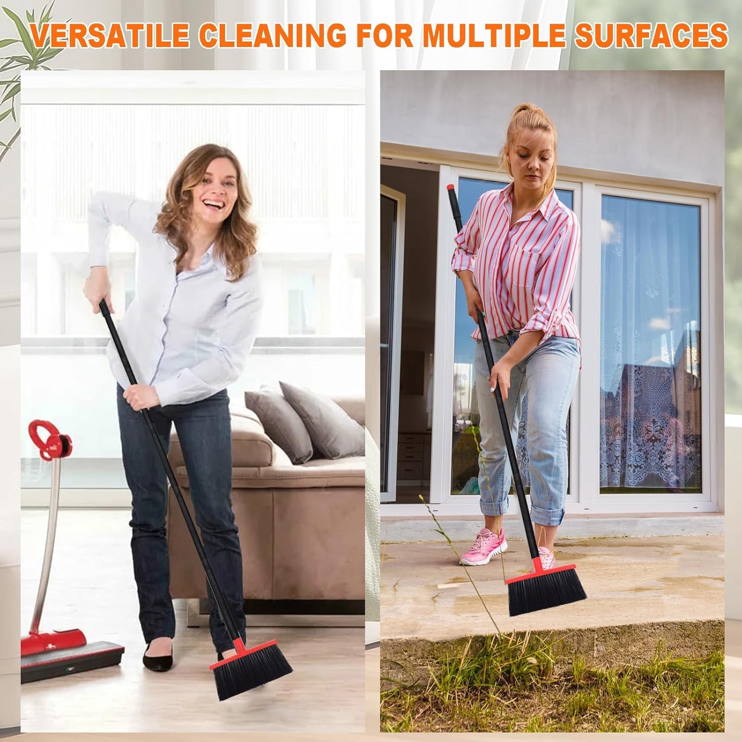 Small Broom Stiff Bristles Brush with Long Handle Indoor or Outdoor Compact Broom for Sweeping Patio Garage Garden,Deck,Concrete Floor,Bathroom (Red)