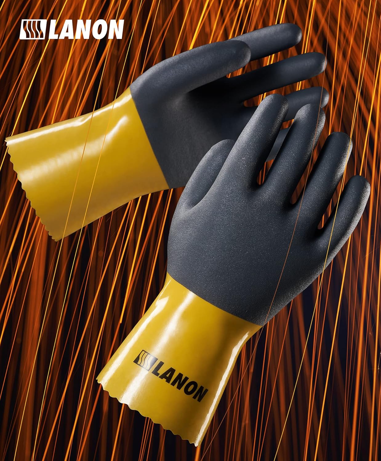LANON 3 Pairs PVC Chemical Gloves, Thick Rubber Work Gloves, Heavy-Duty, EN 374/388, Acid, Alkali and Oil, Non-Slip, XXL
