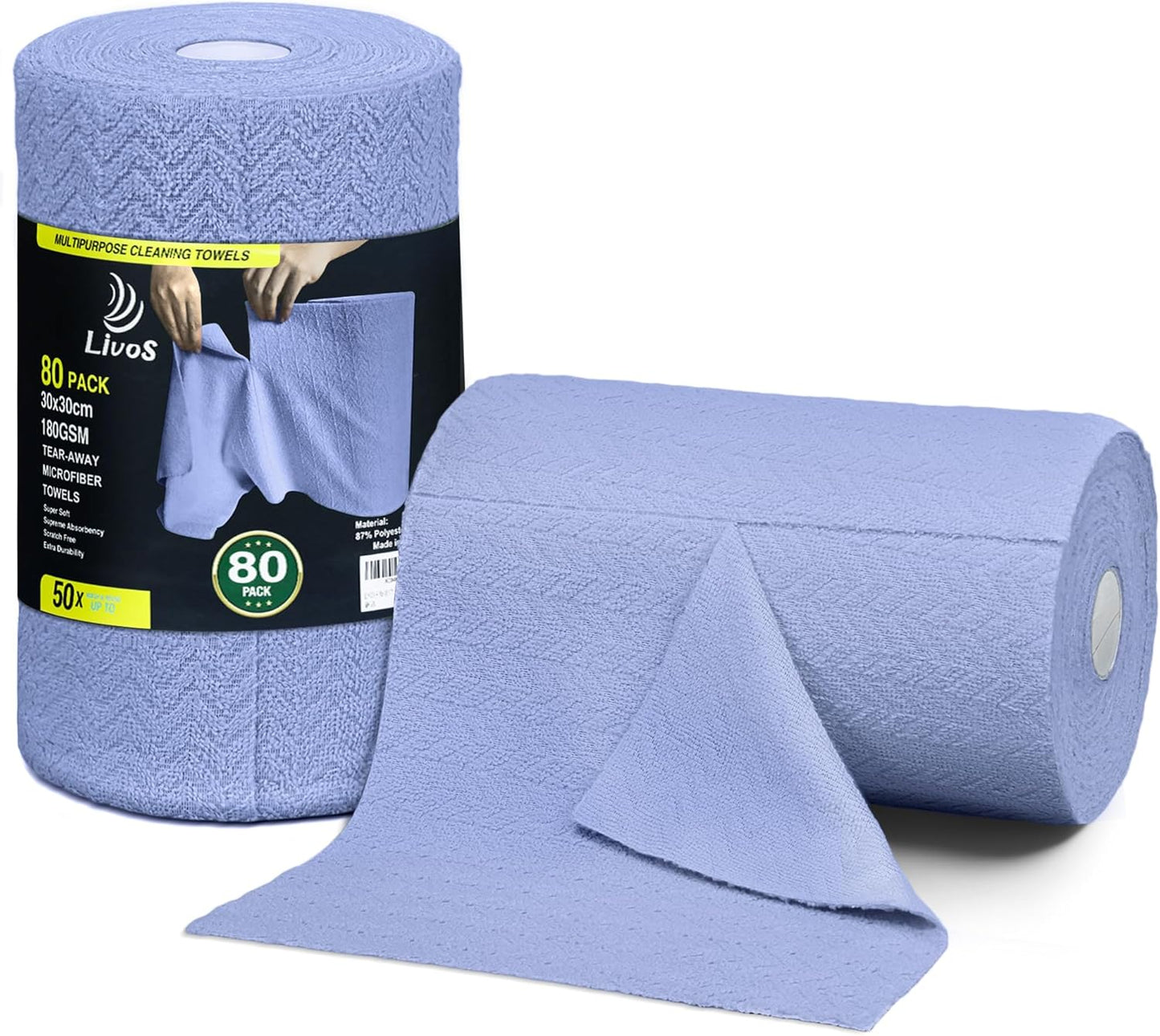 LIVOS Microfiber Cleaning Cloth Roll - 80 Pack, Reusable Paper Towels, Microfiber Towels for Cars, Super Absorbent Lint Free Cleaning Rags for House, Kitchen, Window-Light Purple, 11.5"x11.5"