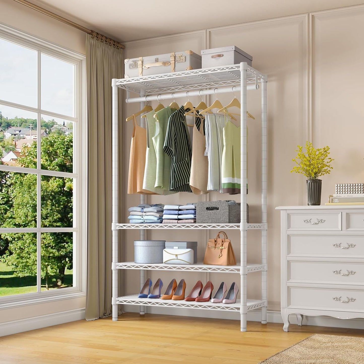 VIPEK V1 Wire Garment Rack 4 Tiers Heavy Duty Clothes Rack for Hanging Clothes Freestanding Closet Clothing Rack with 4 Adjustable Shelves, 35.4" L X 15.7" W X 70.9" H, Max Load 500LBS, White