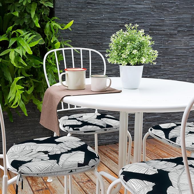 Indoor/Outdoor Chair Cushions 16x17 Inch, Patio Chair Cushions with Ties, All Weather Seat Cushions for Patio Furniture Home Garden Chair Use, Set of 4, Black Lush Leaves