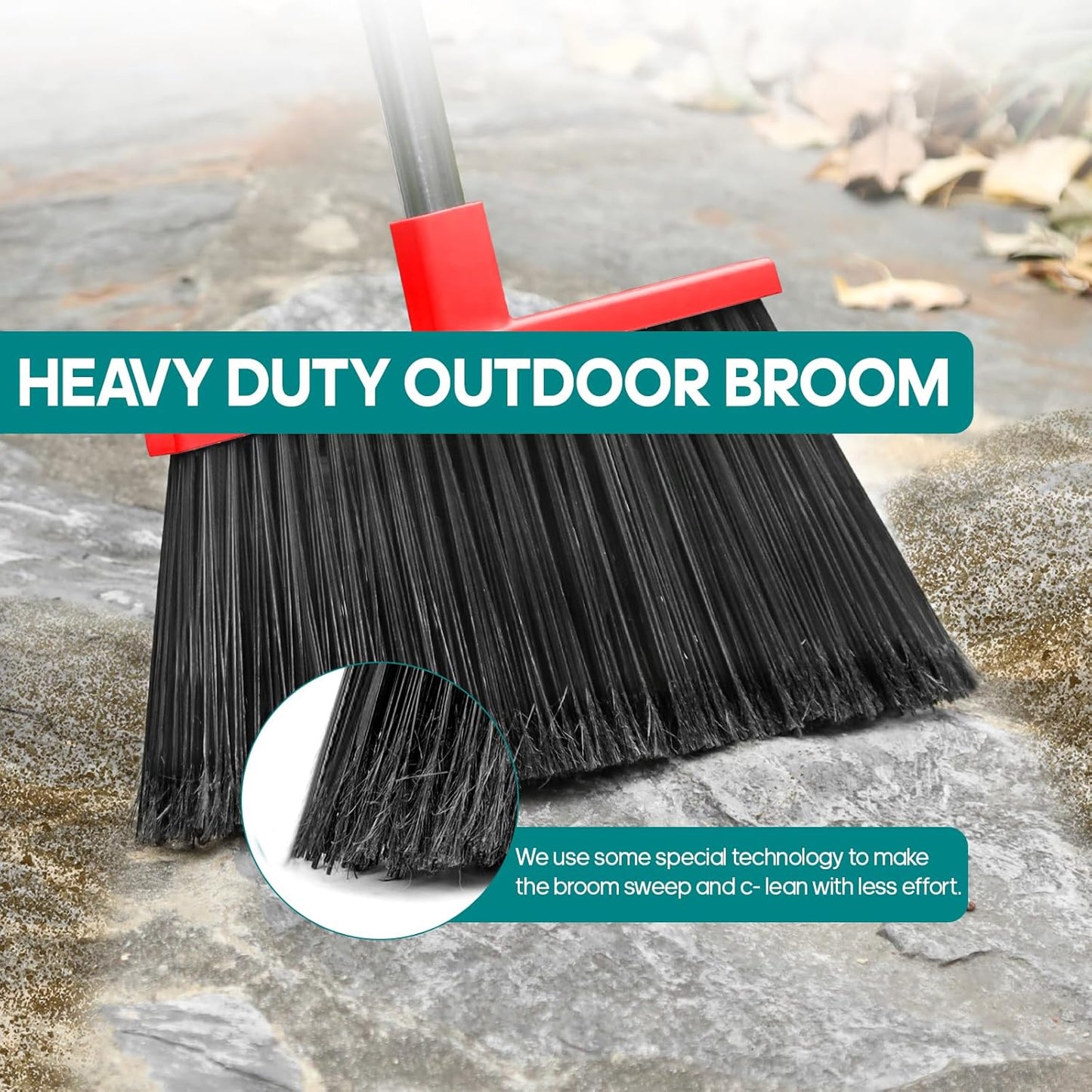 PBHEPJ Broom, Outdoor Broom for Floor Cleaning, 58" Long Stainless Steel Handle, Hard Bristle Angle Broom for Sweeping Indoor, Commercial, Industrial, Garage, Kitchen