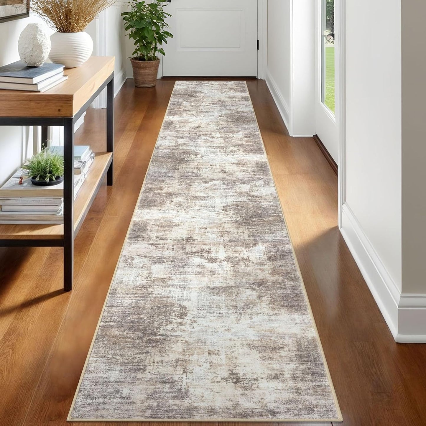 IOHOUZE Abstract Runner Rug 2x12 Ft Washable Runners for Hallways, Non Slip Kitchen Runner Printed Faux Wool Entryway Runner Indoor, Modern Abstract Floor Carpet for Hall Kitchen, Beige Brown