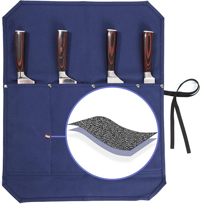 Chef Knife Roll, Heavy Duty 16OZ Waxed Canvas Knife Roll, 4 Slots Knife Bag with Professional Cut Resistant Fabric, Blue (21.5"L x 17.5"W)