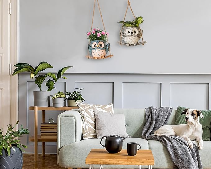 Swing Owl Hanging Planters for Indoor Plants, Cute Small Succulent Pots with Drainage Hole, Unique Resin Plant Hangers Outdoor, Hanging Plant Holder for String Of Pearls, Gift Ideas for Mother