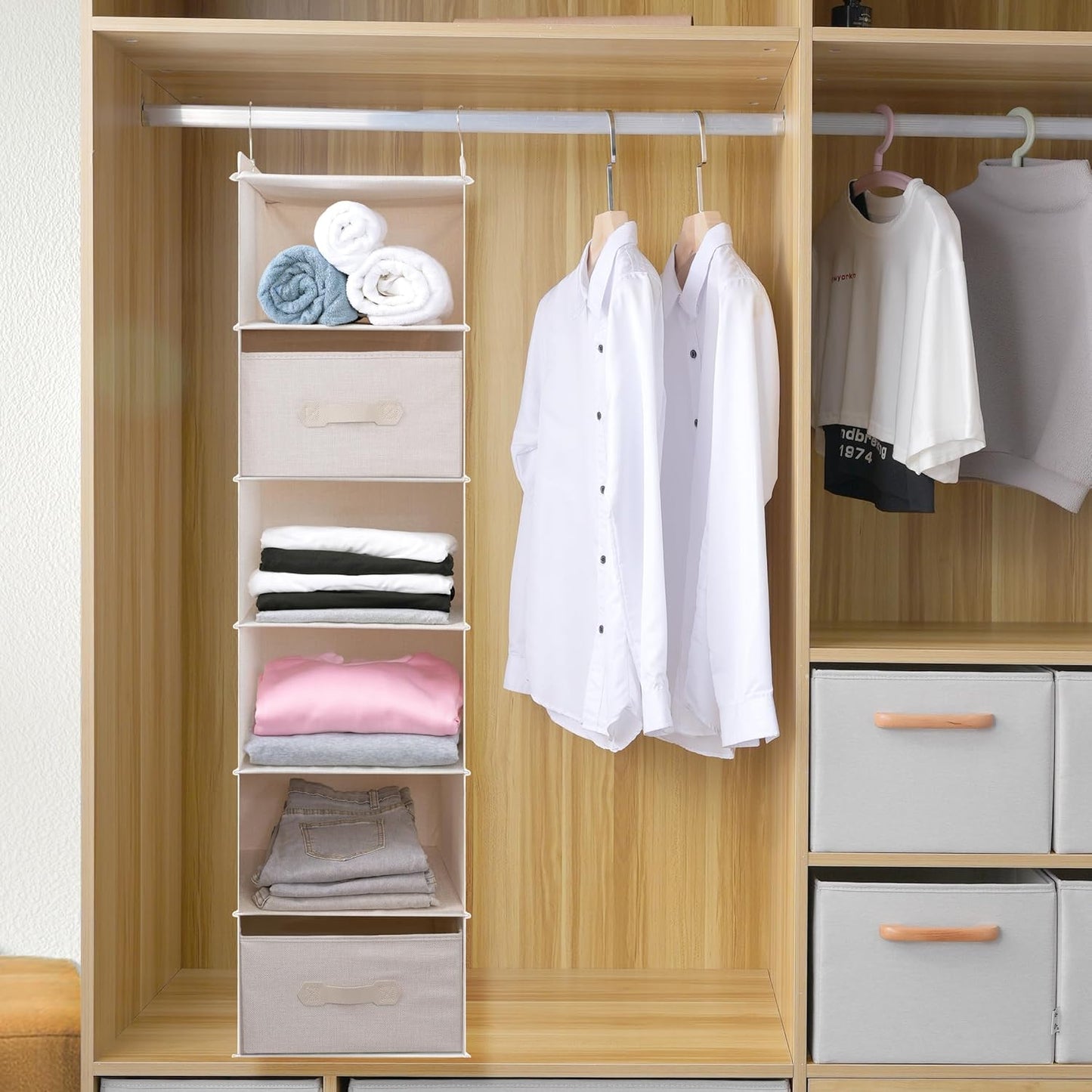 Large Hanging Sweater Organizer for Closet,Collapsible 6-Shelf Hanging Closet Shelves with Drawers, Washable (Beige -6 Shelf-2 d)