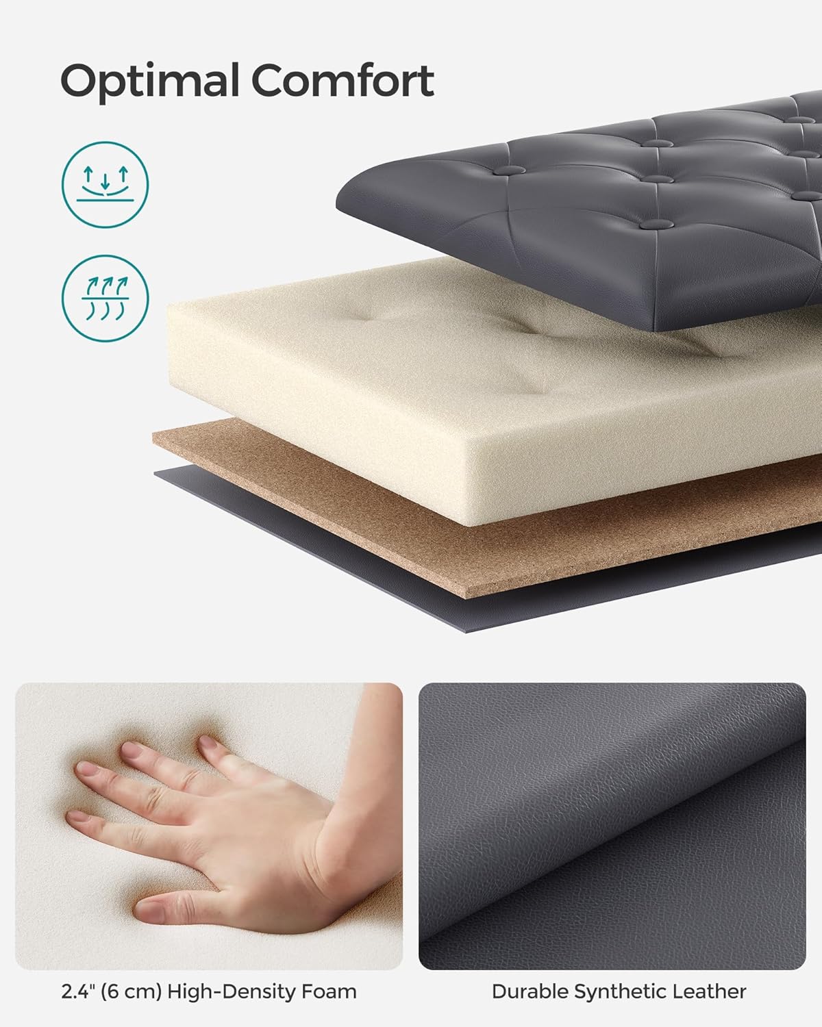 SONGMICS Storage Ottoman, Storage Bench, Tufted Entryway Bedroom Bench, 17.7 x 46.5 x 17.7 Inches, Hinges Easy Lid Operation, Wooden Legs, Synthetic Leather, Loads 330 lb, Dark Gray ULOM071G01