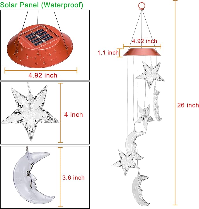 Color Changing Star Moon Solar Wind Chimes Lights Gift Portable Hanging Waterproof Mobile Romantic Wind Bell Outdoor LED Solar Stars Moon Light for Mom Gift Festival Home Patio Yard Garden Decoration