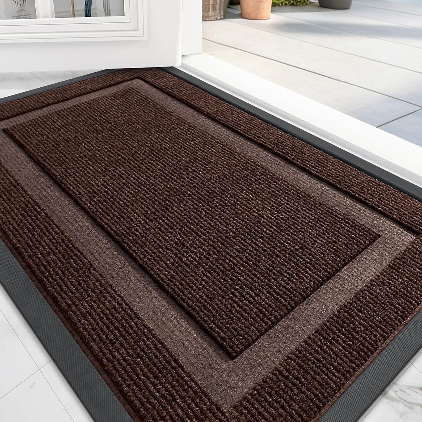OLANLY Front Door Mat Indoor Outdoor Entrance, Waterproof All-Season, All-Weather Doormat, Sturdy Natural Rubber, Fade Resistant, Low Profile, Easy Clean Patio Porch Entryway Mat, 59x35, Dark Brown