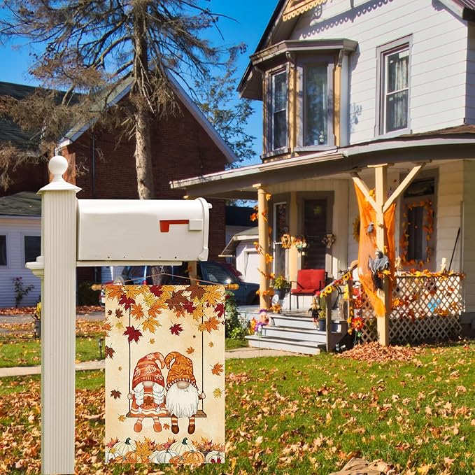 Fall Gnomes Swing Maple Leaves Pumpkins Autumn Garden Flag Yard Flag 12x18 Inch Double Sided Small Mini Yard Outdoor Outside Farmhouse Holiday Decoration