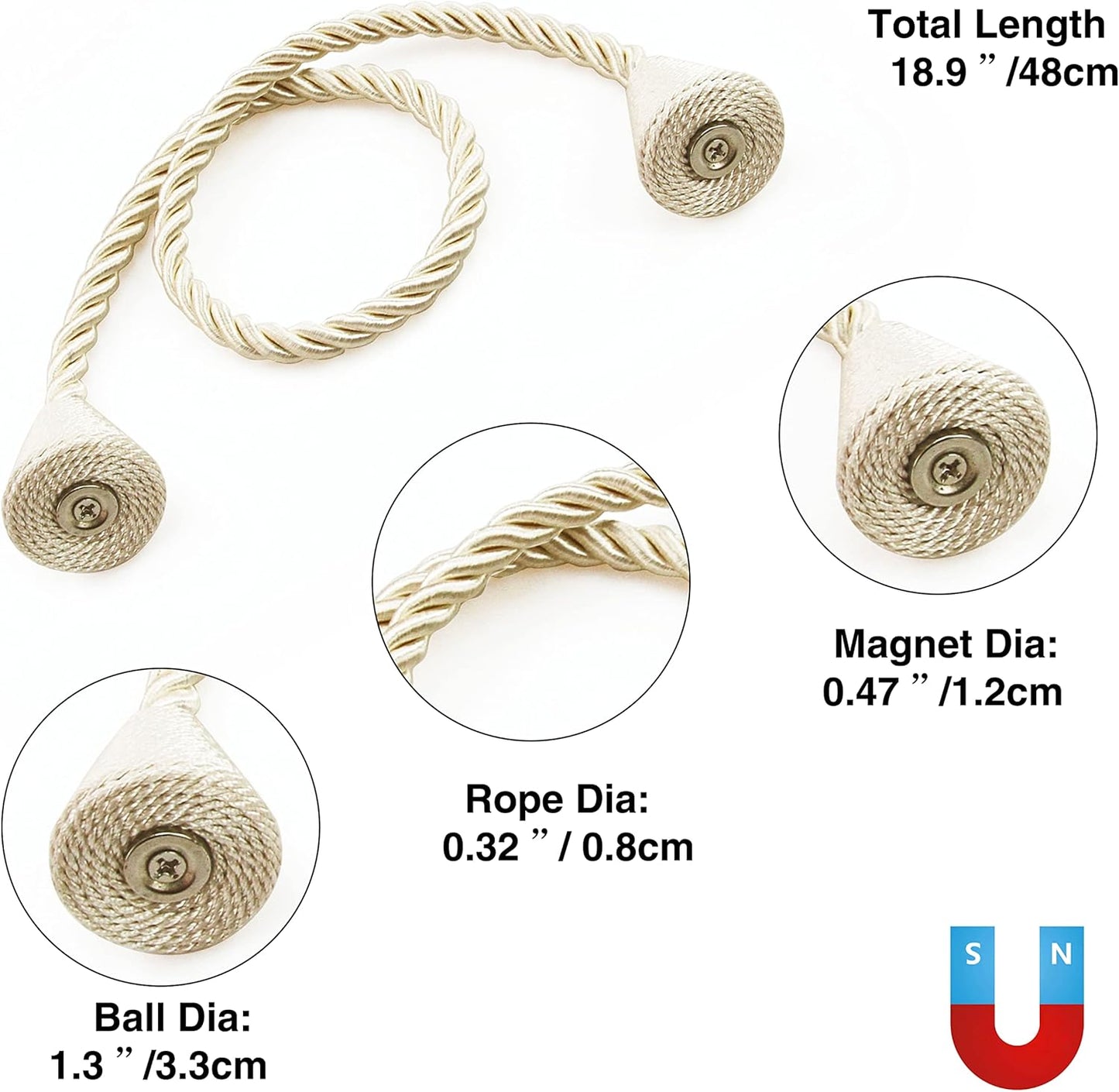 6 Pack Magnetic Curtain Tiebacks Rope Modern Handmade Curtain Tie Backs Decorative Drapes Weave Holdbacks for Window Décor, Beige