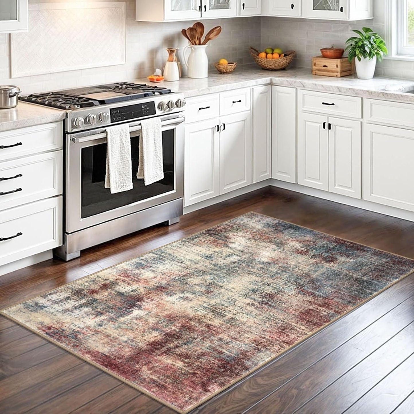 IOHOUZE Abstract Area Rug 3x5 Ft Washable Rugs for Entryway Indoor, Non Slip Kitchen Rug Printed Faux Wool Throw Rugs, Indoor Door Mat for Door Entrance Foyer Living Room, Red/Multi