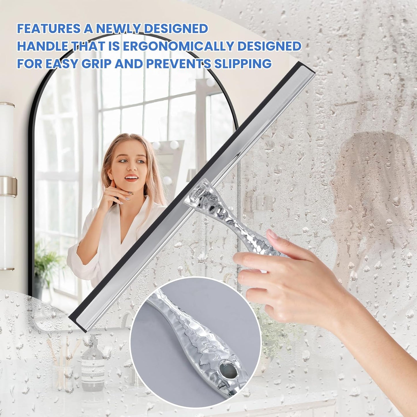 2-Pack Shower Squeegee for Glass Doors, 10 inch Silver Stainless Steel & 5 inch Pink Mini with 2 Hooks, Non-Slip Hammered Handle, Silicone Wiper for Shower, Bathroom, Tile and Mirror