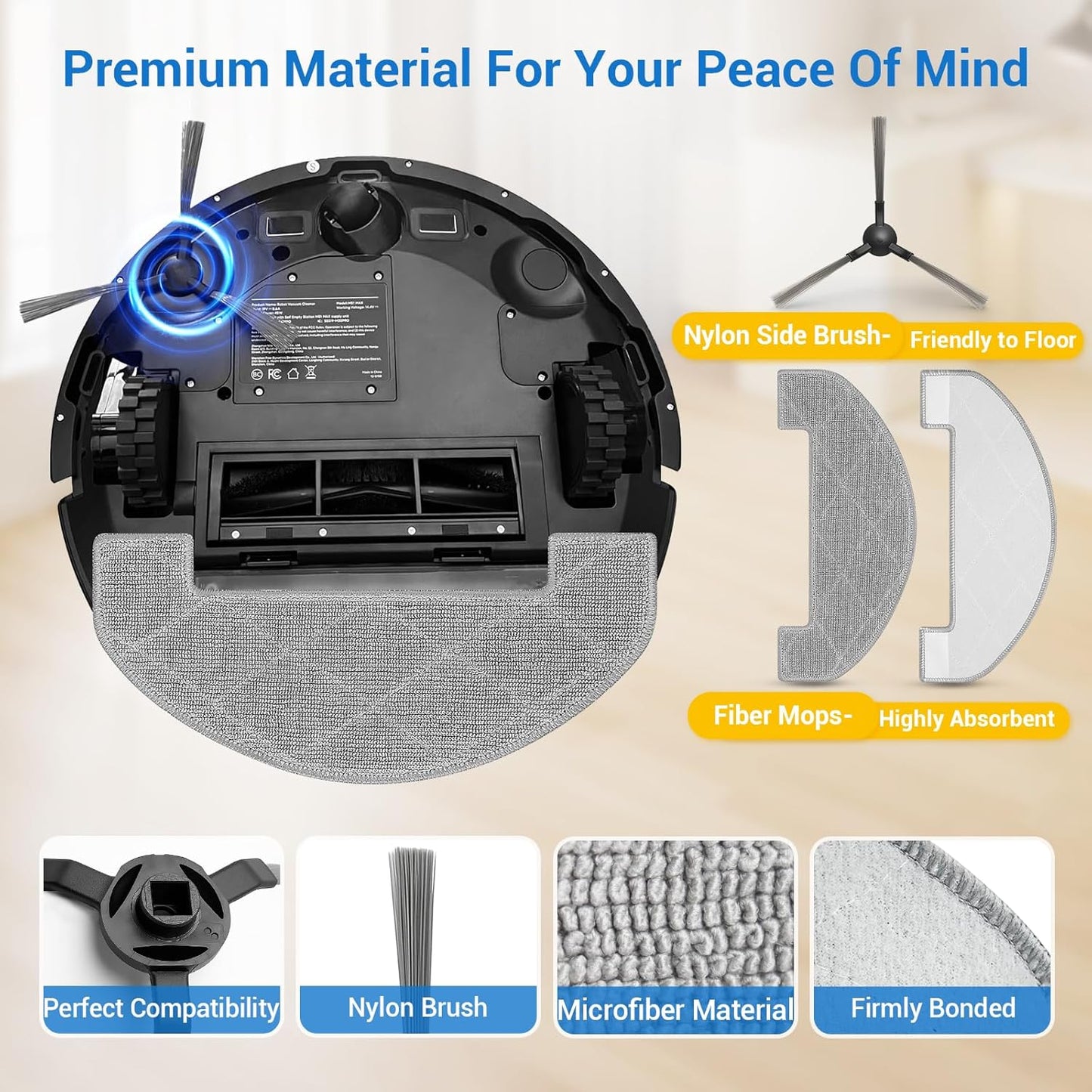Bluevisk MS1 MAX Replacement Parts for For MONSGA MS1 MAX Robotic Vacuum Cleaner Parts with 1 Roller Brush, 4 HEAP, 6 Mop, 6 Dust Bags, 6 Side Brushes, 1 Clean Brush