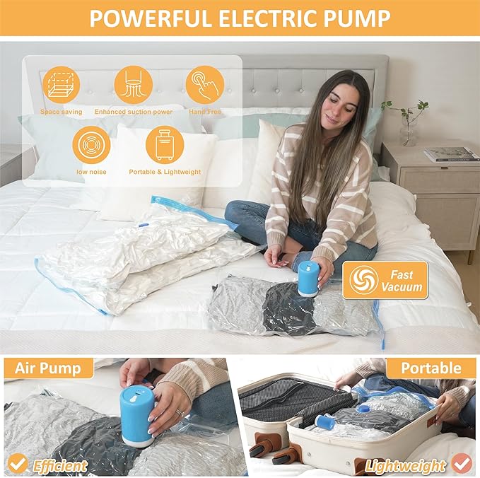 Vacuum Storage Bags with Electric Pump, 22 Pack (3 Jumbo/3 Large/8 Medium/8 Small) Vacuum Seal Space Saver Bags for Clothing, Pillows, Blanket, Bedding, Comforters