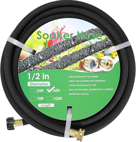 MAMIZO Soaker Hose 50 ft 1/2", Solid Brass Connectors Rubber Longer Lasting, Heavy Duty Drip Hose to Save 70% Water, Soaker Hose for Garden, Lawn and Yard (1/2" 50ft)