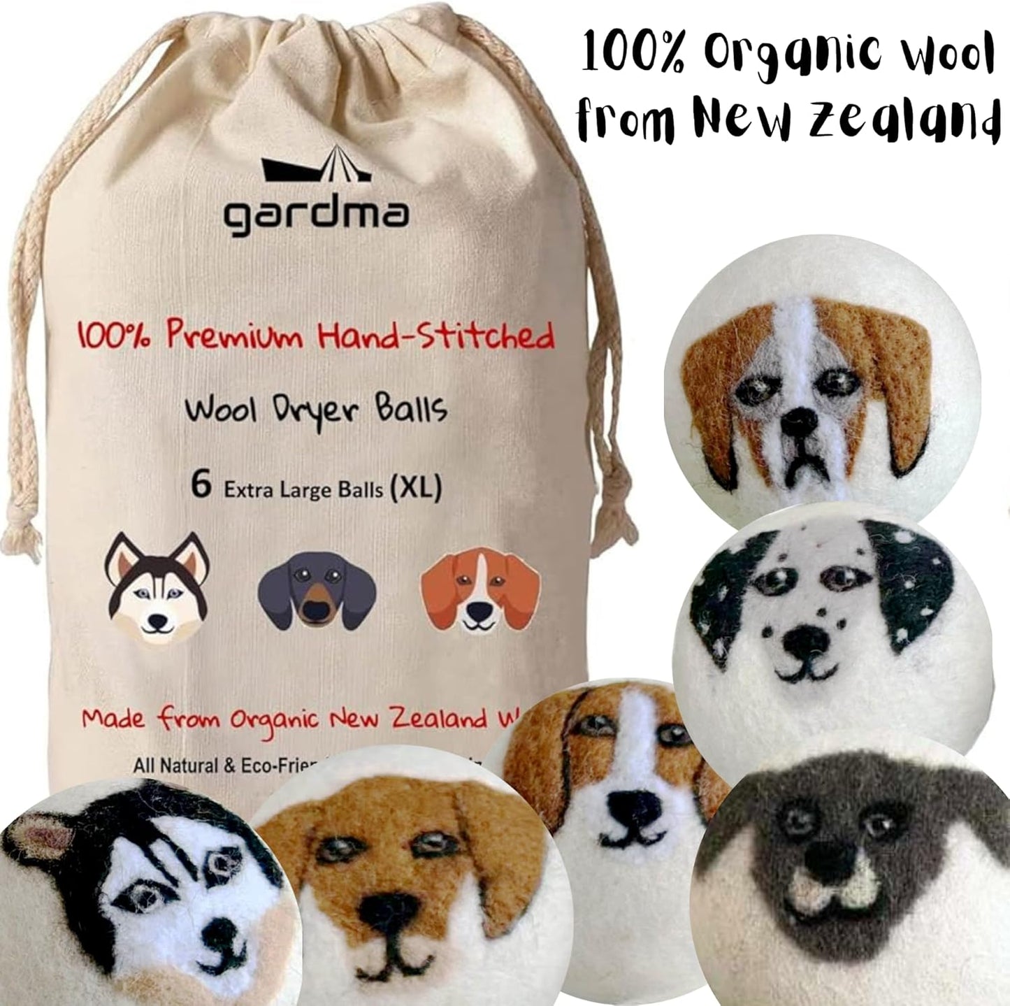 Wool Dryer Balls Organic Premium | Handcrafted Puppy Dog Face Design | 6 Balls XL, Ethically & Humanely Made, Natural Fabric Softener, Laundry Dryer Balls Reusable, Wrinkle Release