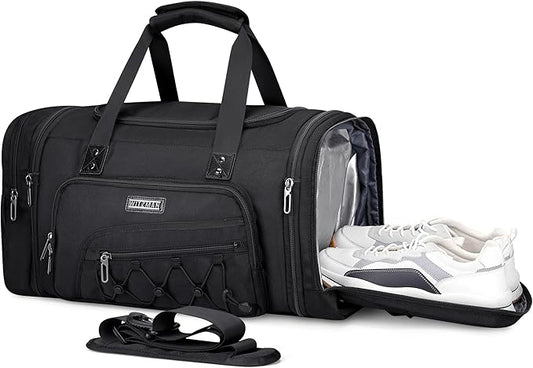 WITZMAN Duffle Bag for Men Nylon Large Gym Weekender Bag with Shoe Compartment Expandable Carry on Overnight Bag(B695 Black)