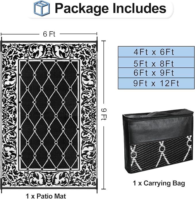OutdoorLines Indoor Outdoor Rugs for Patio 6x9 ft - Reversible Outside Carpet, Stain & UV Resistant Portable RV Mats, Plastic Straw Rug for Camping, Pool Deck, Porch Rhombus Black & White