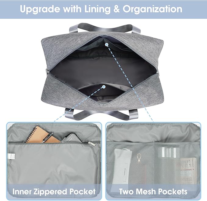 Carry on luaggage 22x14x9 Airlines Approved Foldable Carry on Bag Travel Duffel Packable Duffle Overnight for Women and Men 40L (Grey)