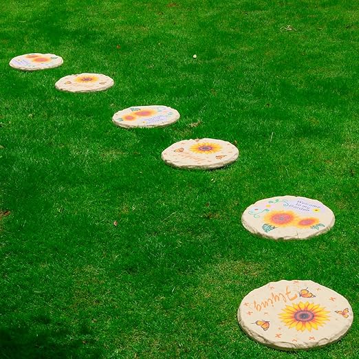 4Pcs Round Sunflower Stepping Stone Outdoor Garden Walkway, Durable Plastic Pavers for Patio, Pathway, and Landscaping, Weatherproof Stepping Stones with Ground Stakes for Easy Installation