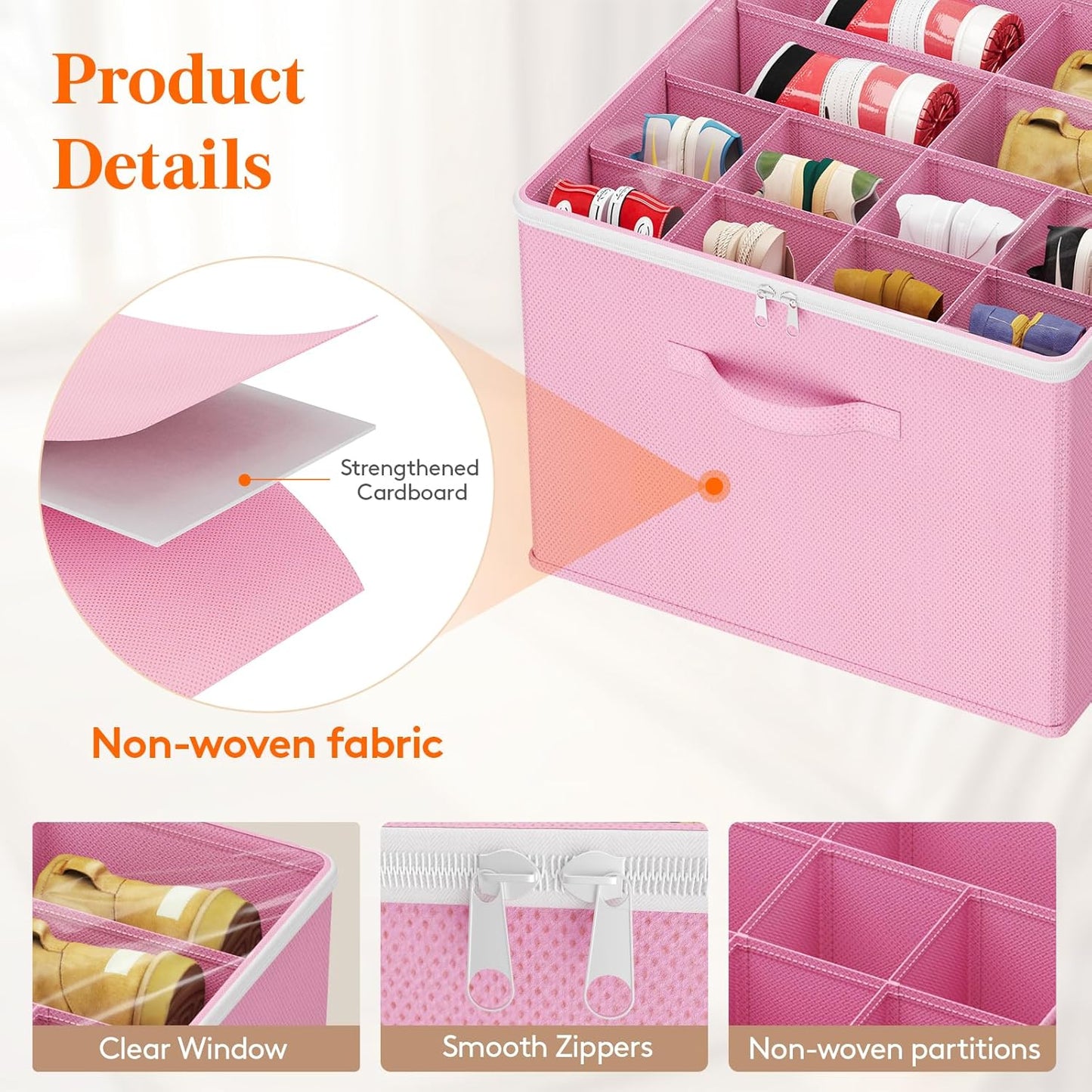 Lifewit Shoe Storage Organizer for Closet Fits 12-16 Pairs, Fabric Large Shoe Box Storage Containers with Clear Cover, Foldable Bins Fit for Boots Heels Sneakers 17"(L) x 17"(W) x 12.5"(H) 2 Pack Pink