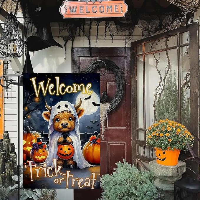 Halloween Garden Flag for Outside 12x18 Inch Double Sided, Cow Pumpkin Small Yard Flags for Outside, Outdoor Welcome Flag Front Porch Decorations for Home