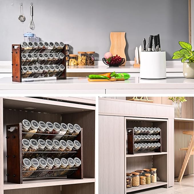 Spice Rack Organizer for Cabinet, Spice Organizer with 24 Empty Spice Jars, 180 Spice Labels, Wooden Spice Jar Organizer, Seasoning Organizer for Cabinet Kitchen, Pantry, Countertop or Wall Mount