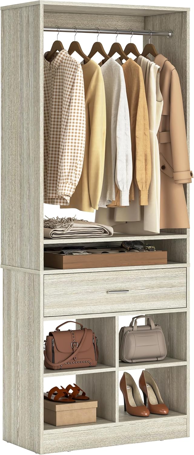 Unikito Freestanding Closet System with Wood Drawer and 4 Cubby Storage, Closet Organizer with Hanging Rods & Shelves, 25‘’W X 80'' H Clothes Garment Rack, Walk in Closet Tower Wardrobe, White Oak
