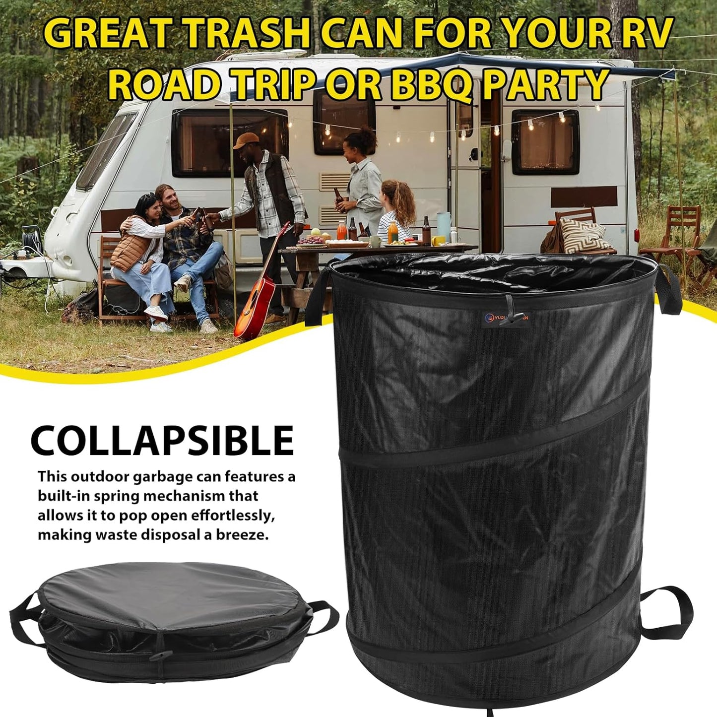 YUDI & GARDEN 45 Gallon Collapsible Garden Bag｜Collapsible Trash Can｜Camping Trash Can,Black,for Collecting Weeds, Party and Yard Waste