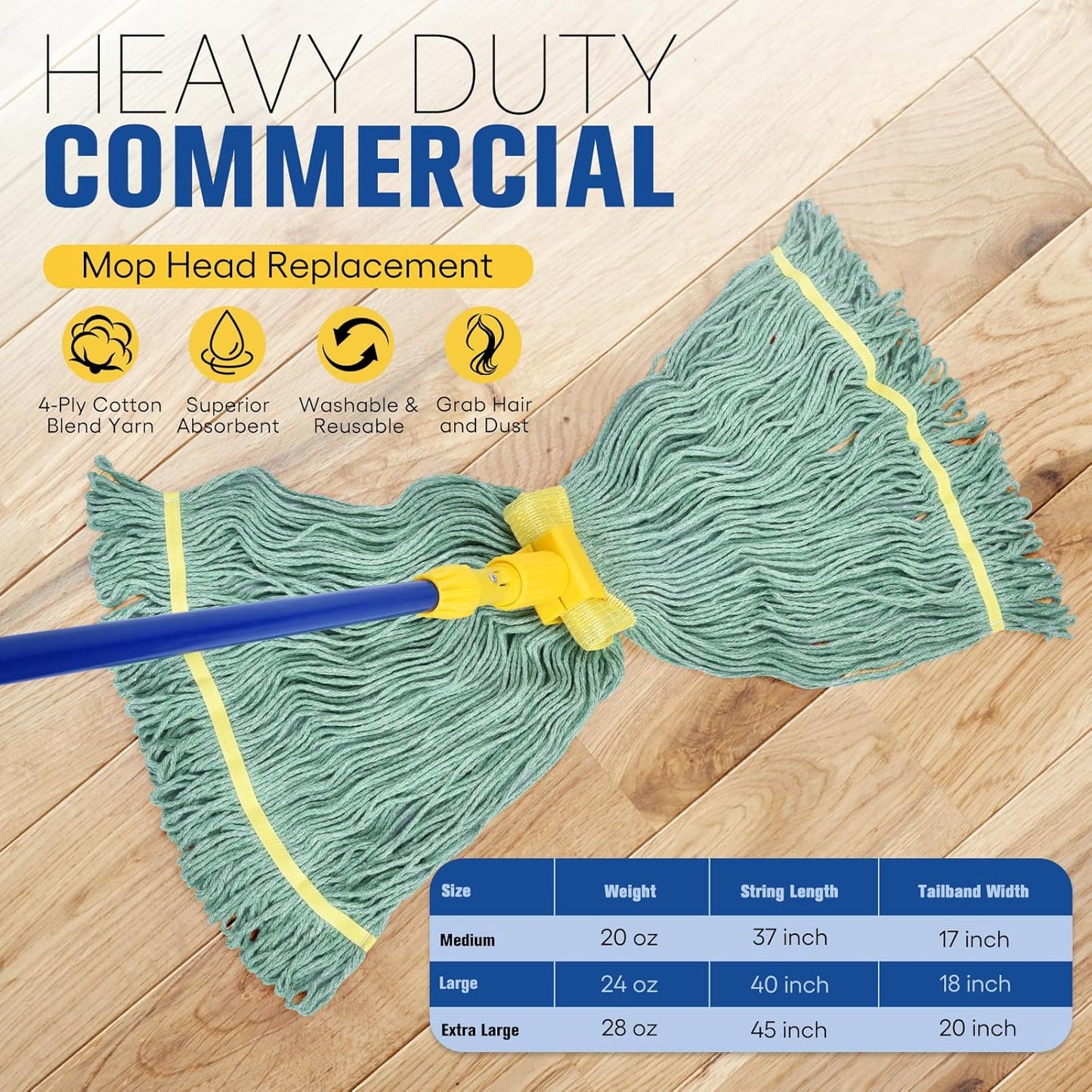 Matthew Cleaning Commercial Mop Head Replacement, 5 Inch Wide Headband, Looped End Cotton Blend String Wet Mops for Floor Cleaning, 18 oz Medium, 1-Pack Green